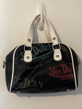 Von Dutch Black Graffiti Print Mini Bowling Purse with White Trim W/ Strap
